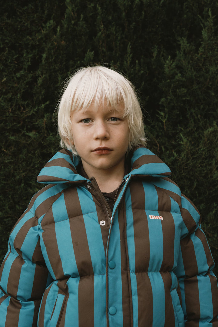 [TINYCOTTONS]Blue-Cacao Stripes Short Padded Jacket - Dark Cyan