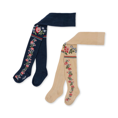 [Konges slojd] 2er-Pack Blumen-Jacquard-Strumpfhosen – Marine/Creme