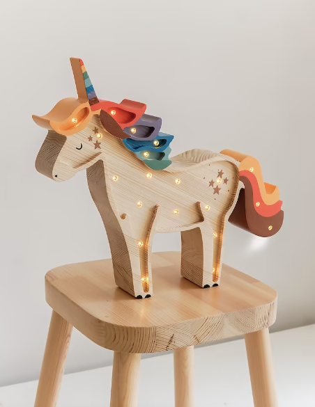 [r o o m G A G A ] Wooden Unicorn Lamp - Colorful