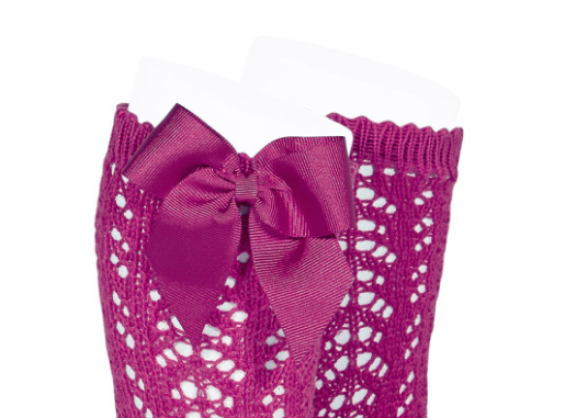 [Condor] Perle Cotton Openwork Socks Grossgrain Bow - [513 Fuchsia]