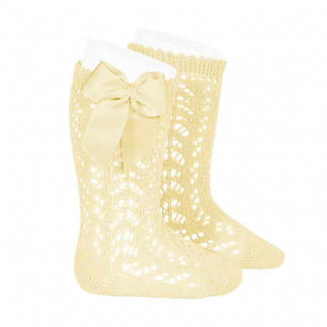 [Condor] Perle Openwork Knee-High Socks With Grosgrain Bow [610 Butter]