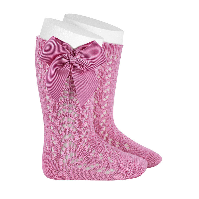 [Condor] Perle Openwork Knee-High Socks With Grosgrain Bow [526 Chewing Gum]