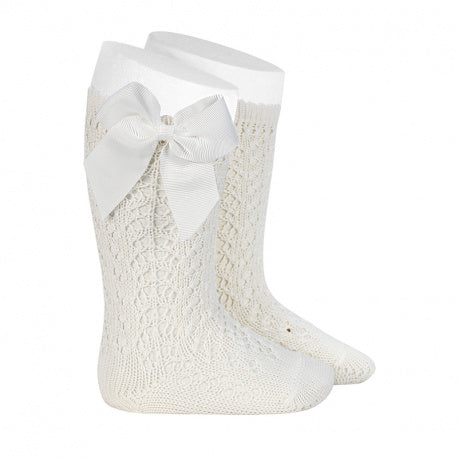 [Condor] Perle Openwork Knee-High Socks With Grosgrain Bow [202 Cream]