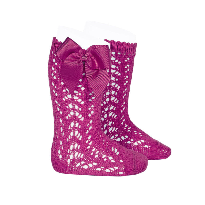 [Condor] Perle Openwork Knee-High Socks With Grosgrain Bow [513 Fuchsia]