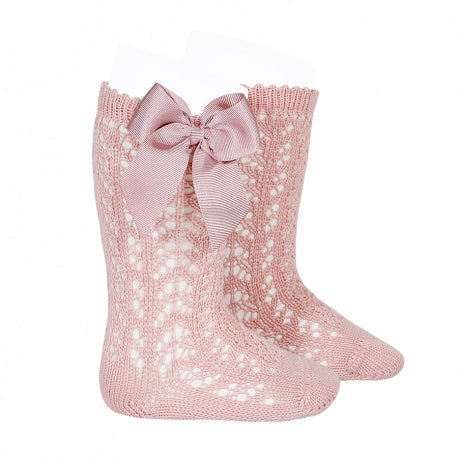 [Condor] Perle Openwork Knee-High Socks With Grosgrain Bow [526 Pale Pink]