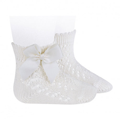 [Condor] Perle Cotton Openwork Socks Grossgrain Bow - [202 Cream]