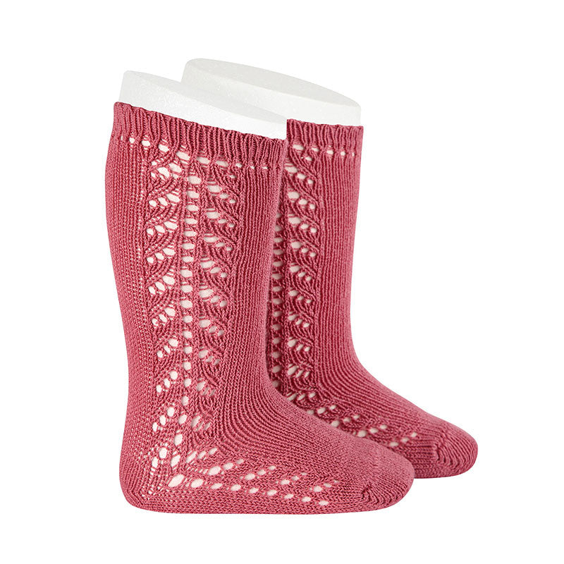 [Condor] Warm Cotton Knee Socks With Side Openwork [521 Carmine]
