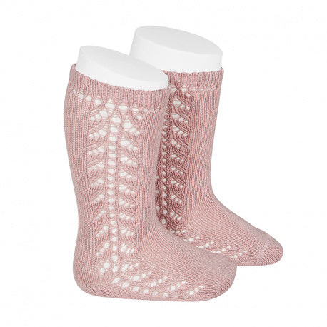 [Condor] Warm Cotton Knee Socks With Side Openwork [526 Pale Pink]